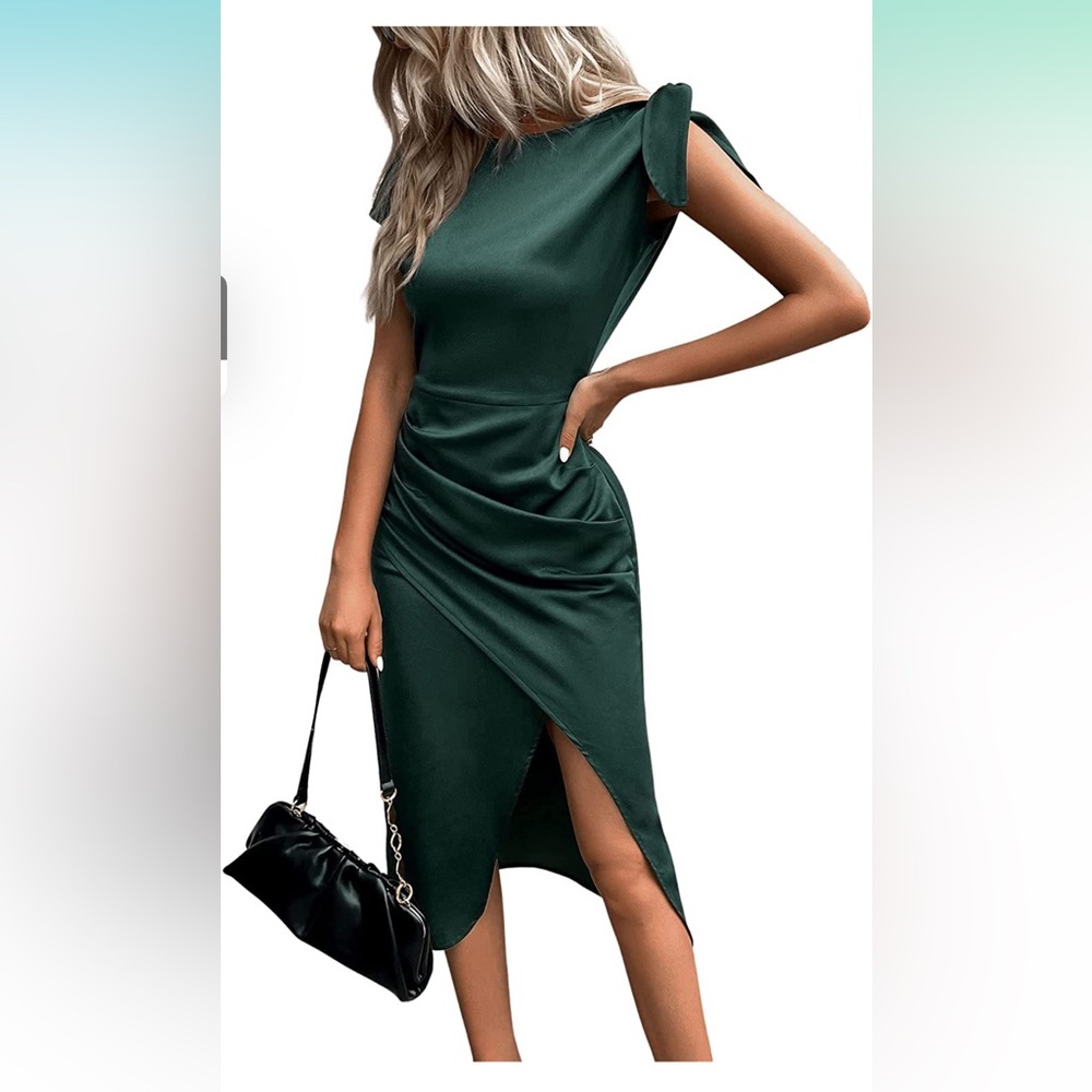 Tie Knot Asymmetrical Neck Satin Wrap Ruched Midi Bodycon Dress